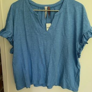 Anthropologie Blue short sleeve with small v neck and ruffled sleeves